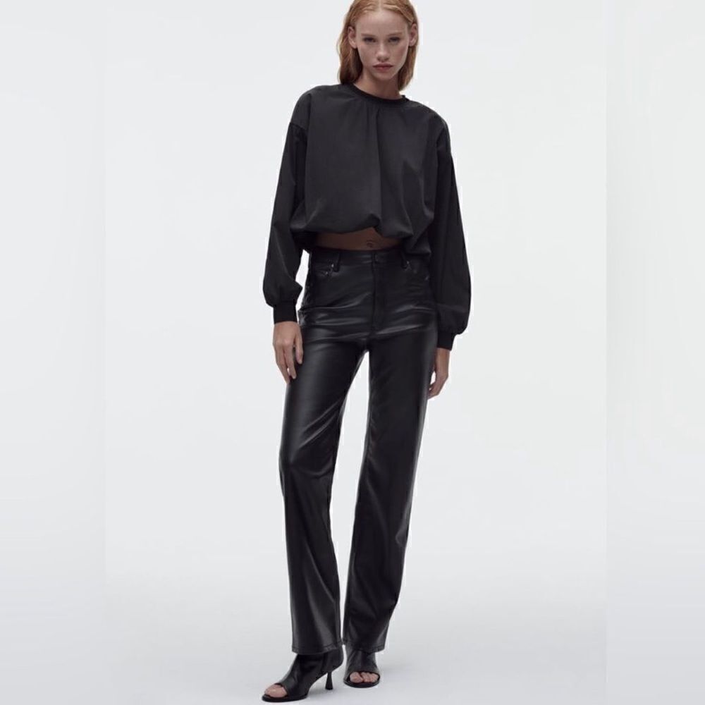 Zara Black Faux Leather The 90’S Wide Leg Pants Size 10 - Picture 4 of 15